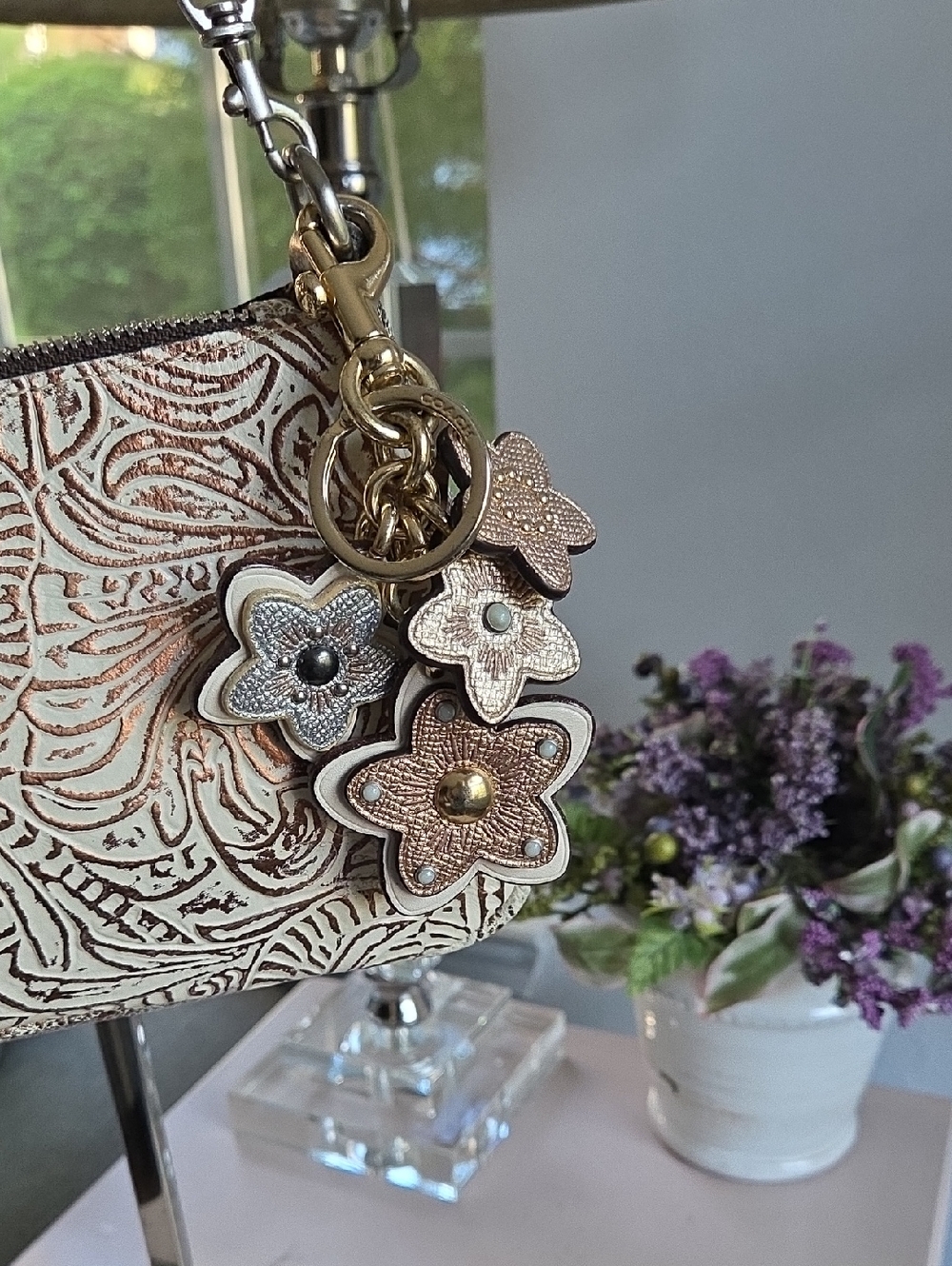 COACH Floral Metallic Leather Keychain with Gold Hardware - Picture 10 of 10
